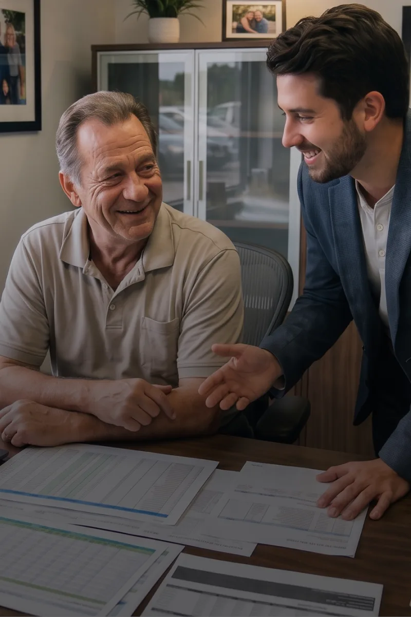Dealer reviewing profit reports with a customer at a desk
